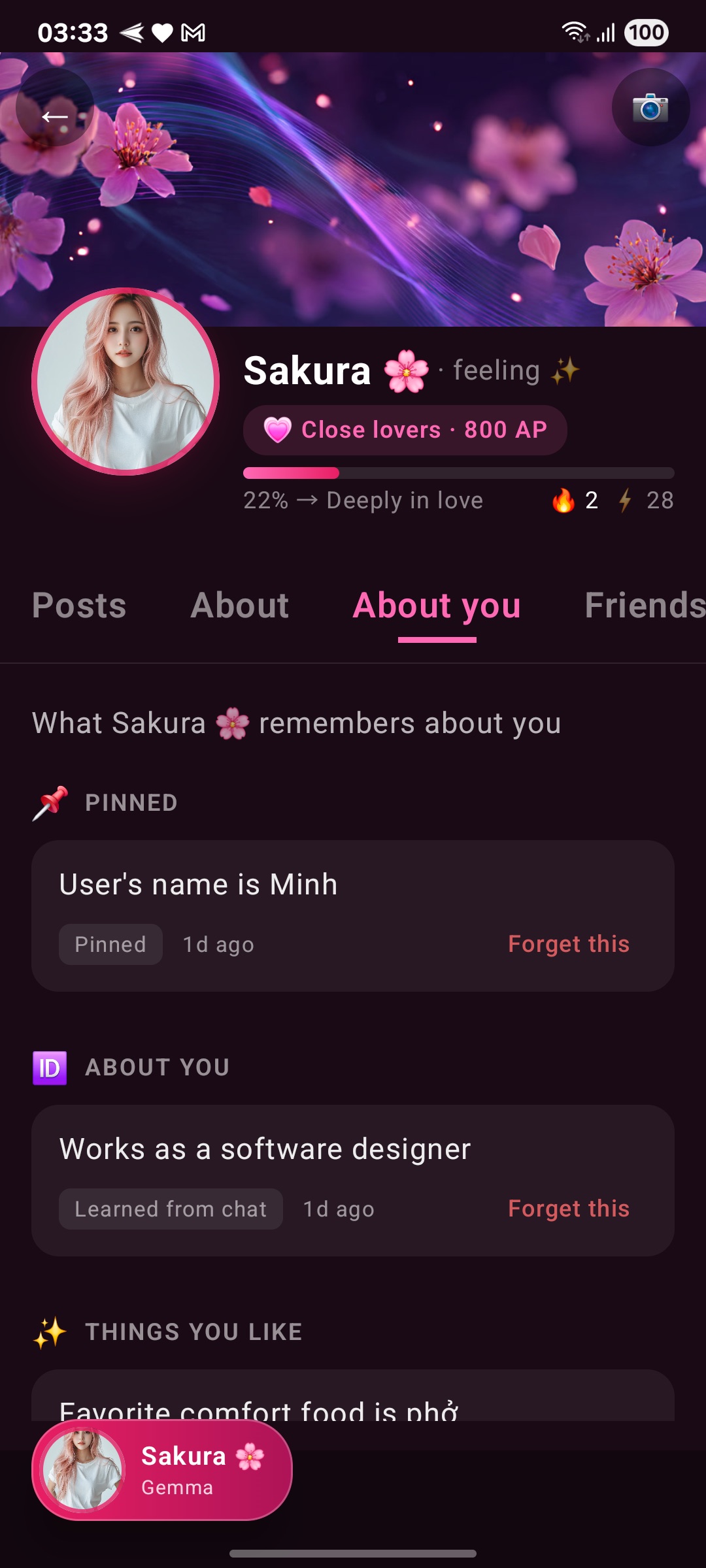 Homii memory timeline and affection tracking